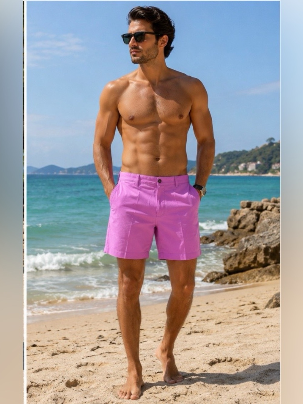 Men's Pink Quick-Dry Swim Trunks with Button Waist